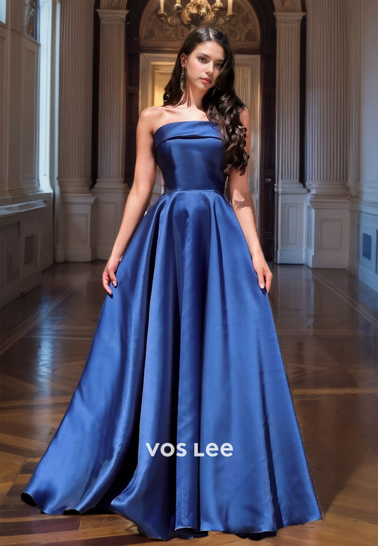 A-Line Strapless Blue Jay Evening Party Gown Sleeveless Satin Pleated Prom Dress Floor Length