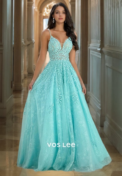 Sky Blue A-Line Lace Formal Quinceanera Dress V Neck Straps Zipper Back Prom Dresses