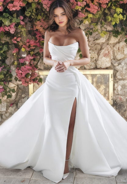 Princess Sheath/Column Satin Strapless Cathedral Train Wedding Dress