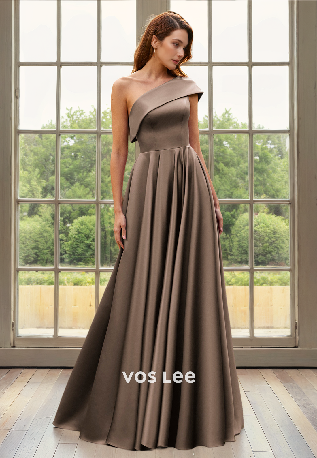 A-Line Satin One Shoulder Mother of the Bride Dress Draped Floor Length Zipper Back Elegant Long Party Dress