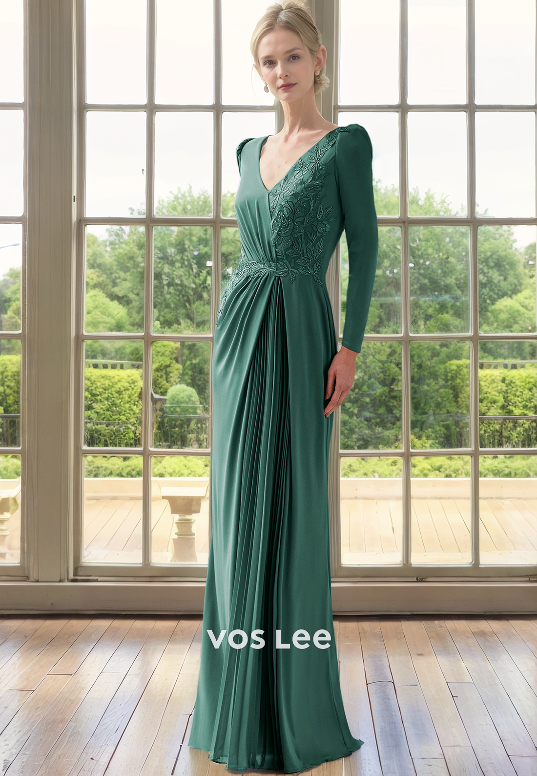 Sheath/Column Pleated V Neck Long Sleeves Formal Mother of the Bride Dress with Appliques