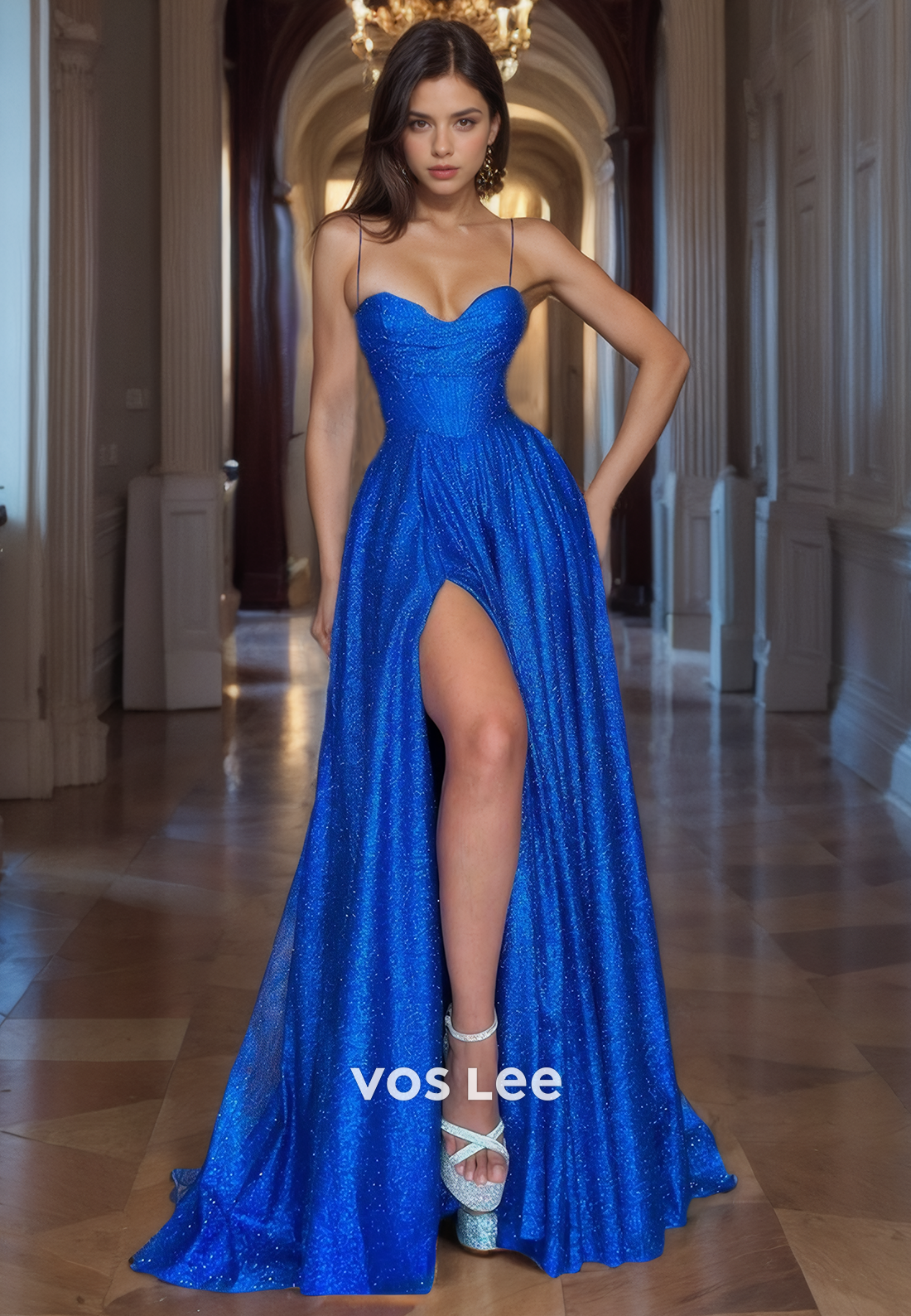 Sparkly Glitter A-Line Royal Blue Prom Dress Spaghetti Straps club Night Party Gown