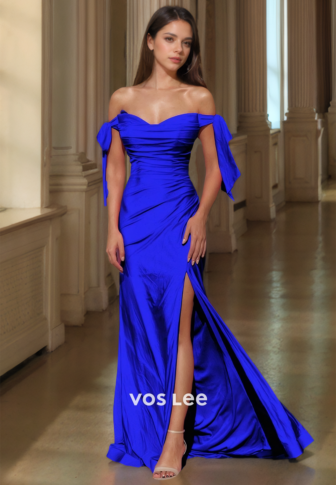 Modest Column Off Shoulder Royal Blue Side Split Draped Sweep Train Satin Prom Formal Dress