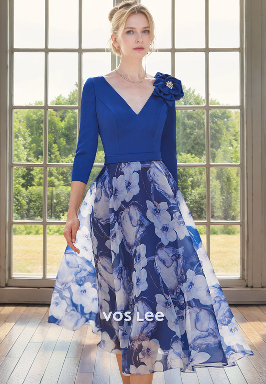 A-Line Floral Print V Neck Long Sleeves Mother of the Bride Dresses Royal Blue Tea Length Party Gown