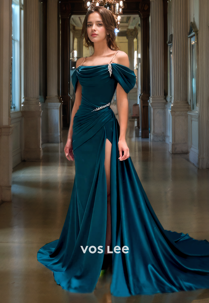 Classy Peacock Off-Shoulder Formal Prom Gown Pleated Floor Length Satin Cocktail Dresses