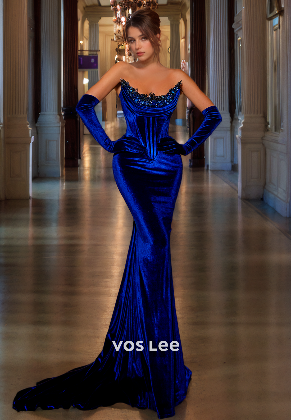 Royal Blue Velour Mermaid Scoop Formal Prom Dress Bodice Floor Length Sequined Cocktail Gown