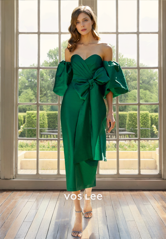 Unique Sweetheart Green Off Shoulder Tea Length Satin Mother of the Bride Dresses