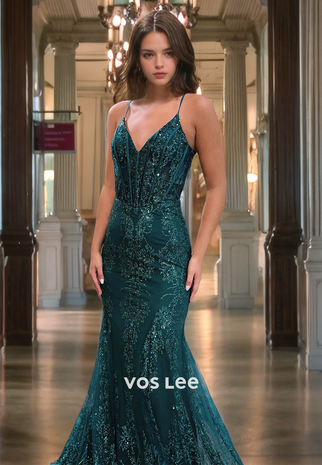 Sparkly Dark Green V-Neck Mermaid Prom Dress Zipper Back Sweep Train Club Night Gown with Spaghetti Straps