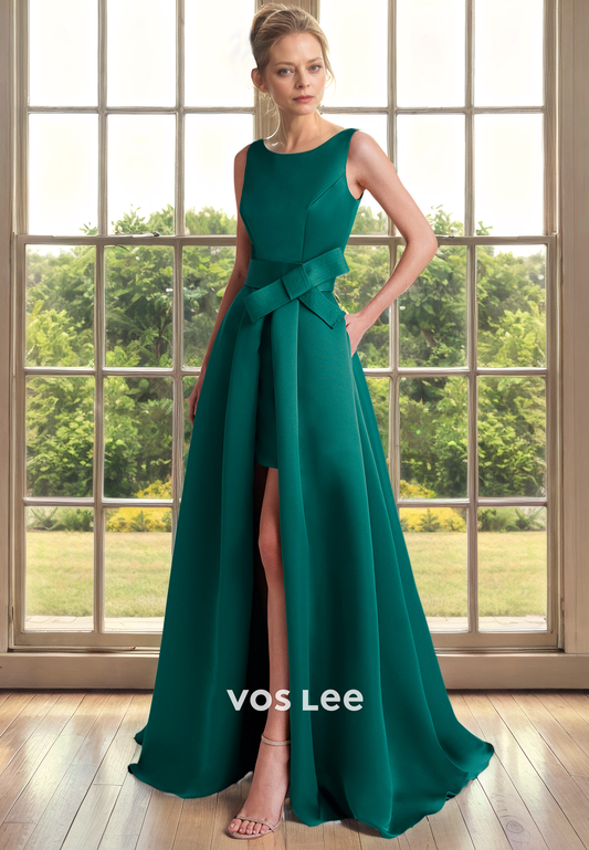 Simple A-Line Dark Green Scoop Neck Sleeveless Belt High Split Satin Mother of the Evening Dress