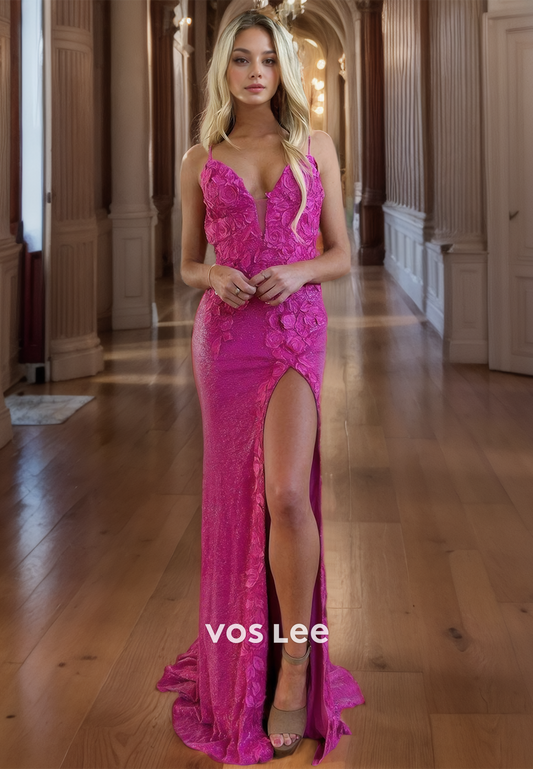 Sparkly Fuchsia Sequined Appliqued Prom Dresses Spaghetti Straps V-Neck Evening Party Dresses