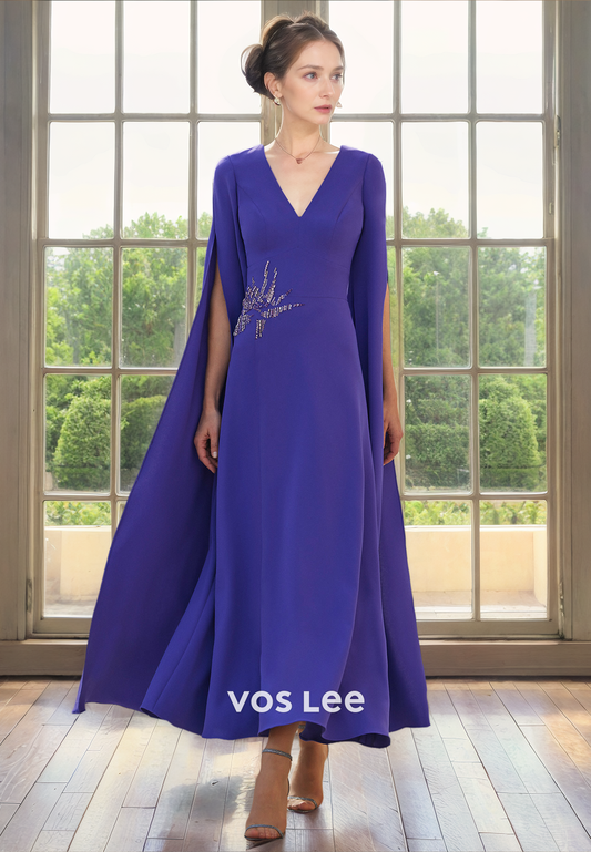 Royal Blue Ankle Length Mother of the Bride Dress with Long Sleeves V Neck Elegant Party Dresses