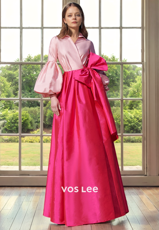 A-Line Long Sleeves Buttons Sweep Train Bow Pleated Satin Mother of the Evening Dress