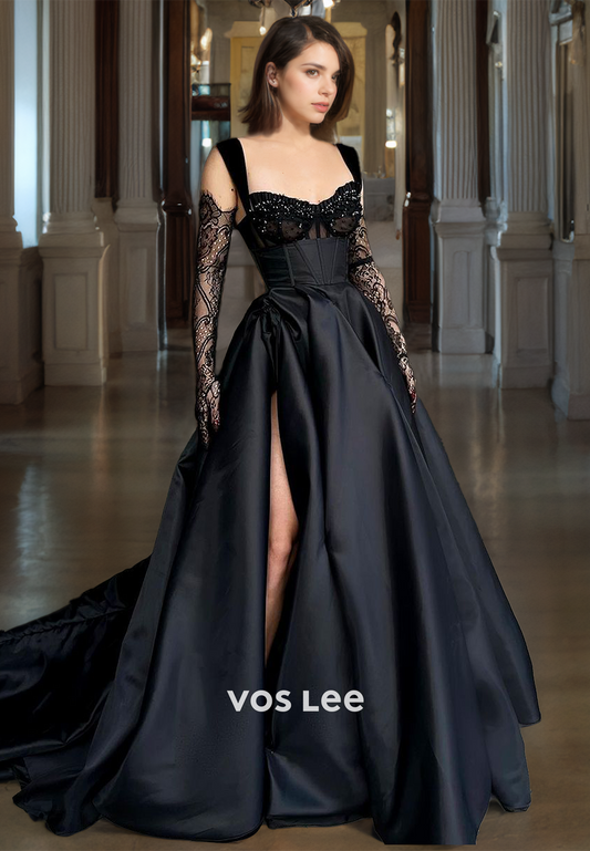 Black Sweetheart Satin Prom Gown with Slit A-Line Elegant Floor Length Pageant Dresses