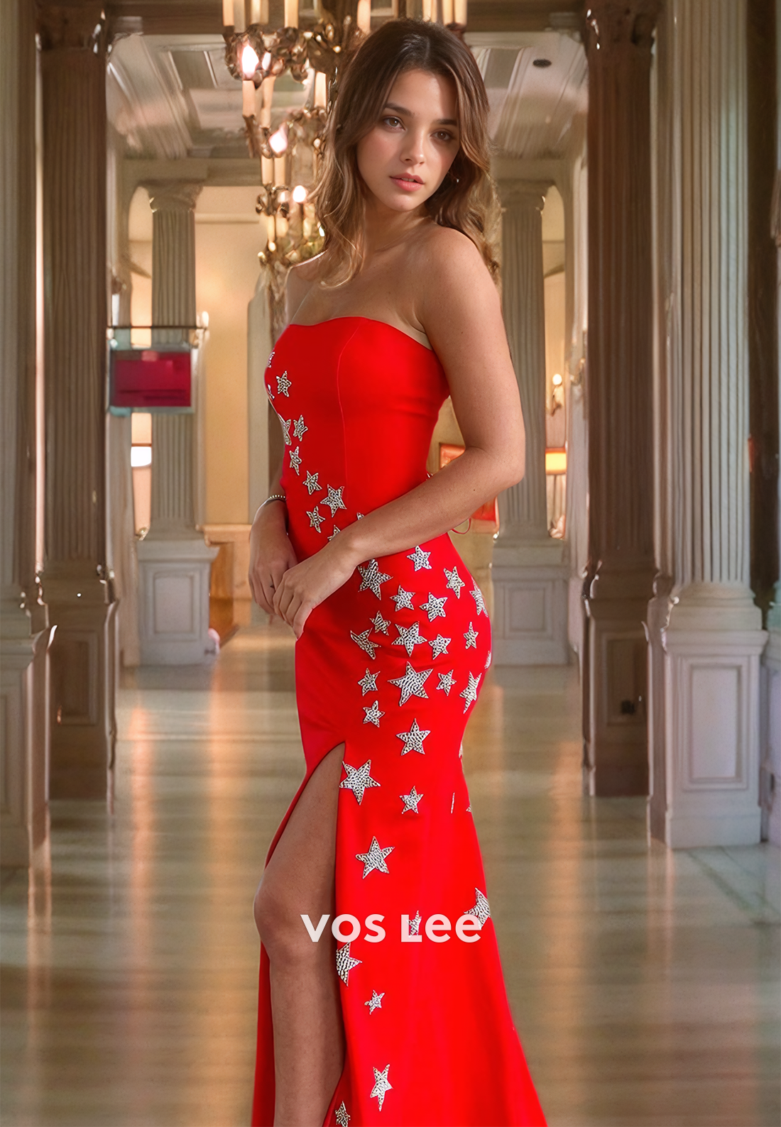 Red Strapless Lace-Up Prom Dress with High Slit Sweep Train Appliqued Evening Gown