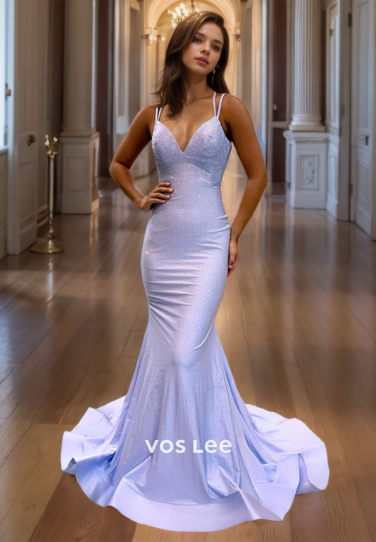 Elegant Lilac V-Neck Mermaid Prom Dress Spaghetti Straps Beads Backless Evening Party Dress