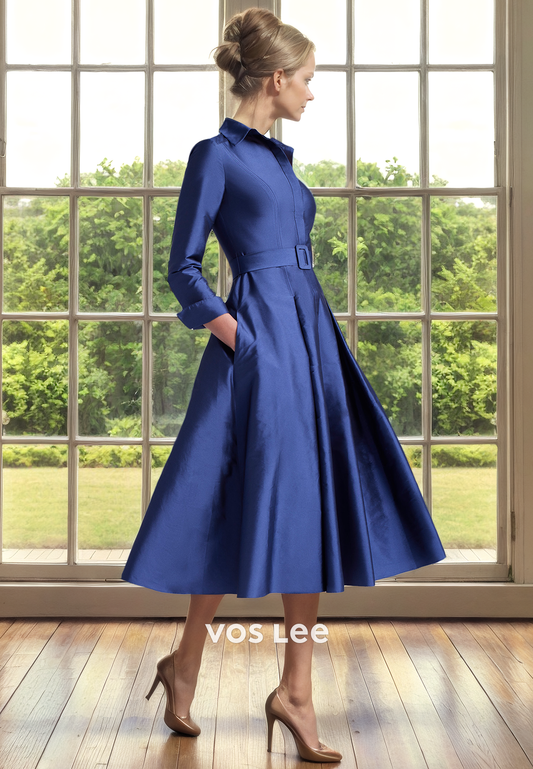 Simple A-Line Long Sleeves V Neck Pleated Tea Length Satin Mother of the Formal Dress