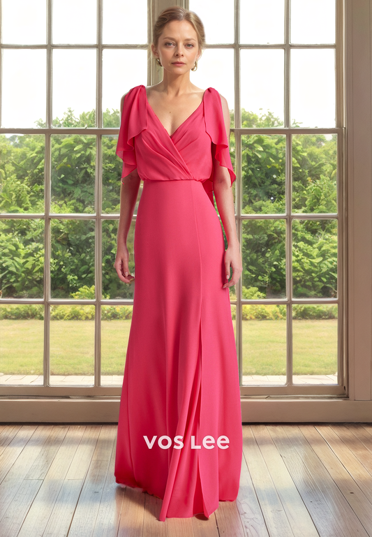 Graceful V Neck Sleeveless Sheath Draped Long Mother of the Bride Dress