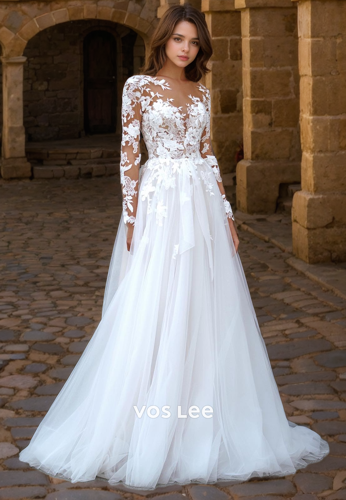 Gorgeous V Neck Lace Bride Dress with Long Sleeves A-Line Tulle Floor Length Button Back Wedding Dress