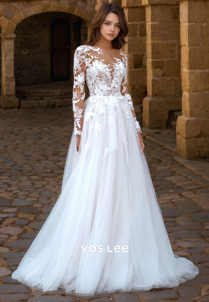 Gorgeous V Neck Lace Bride Dress with Long Sleeves A-Line Tulle Floor Length Button Back Wedding Dress