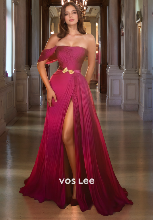 A-Line Mulberry Off-Shoulder Floor Length Prom Dress with High Slit Elegant Belt Party Gown