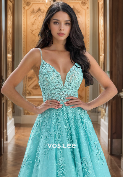 Sky Blue A-Line Lace Formal Quinceanera Dress V Neck Straps Zipper Back Prom Dresses