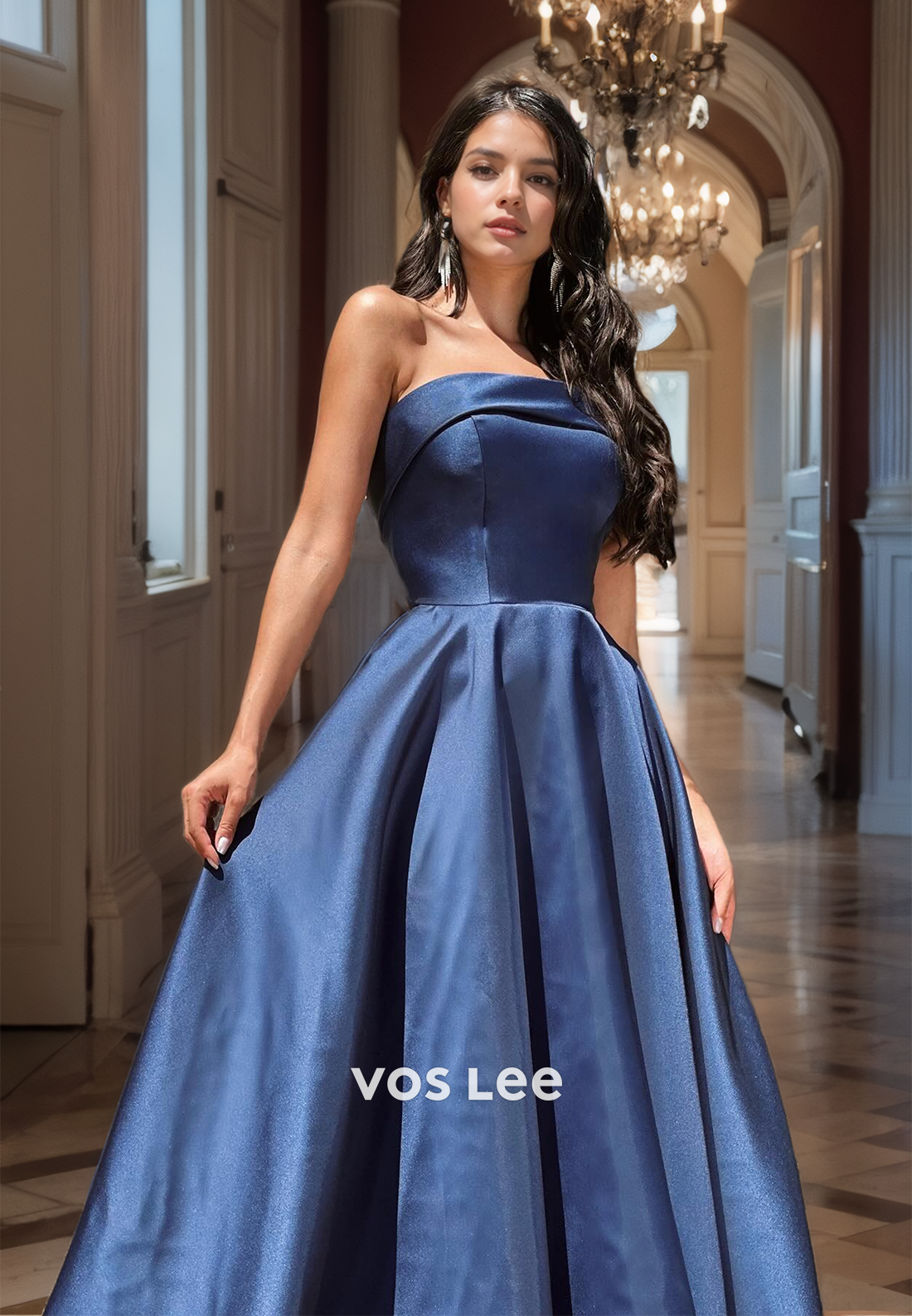 A-Line Strapless Blue Jay Evening Party Gown Sleeveless Satin Pleated Prom Dress Floor Length