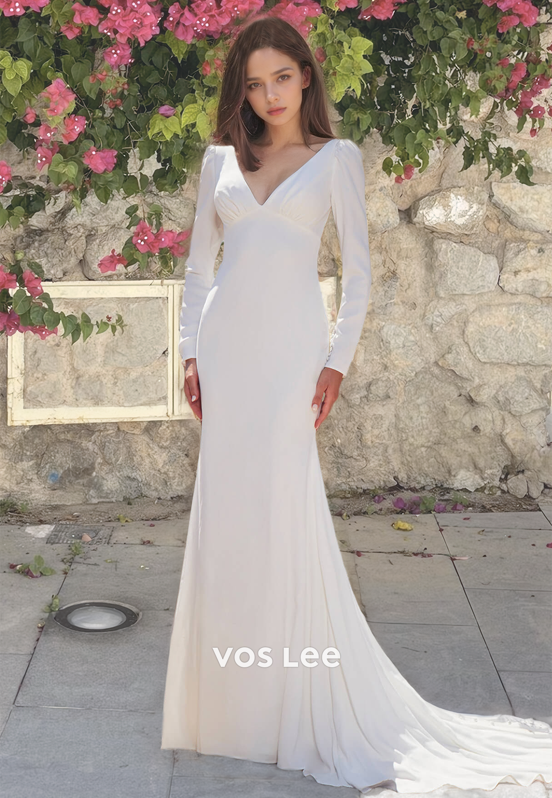 Elegant V Neck Long Train Bridesmaid Dress Full Sleeves Backless Formal Wedding Dresses