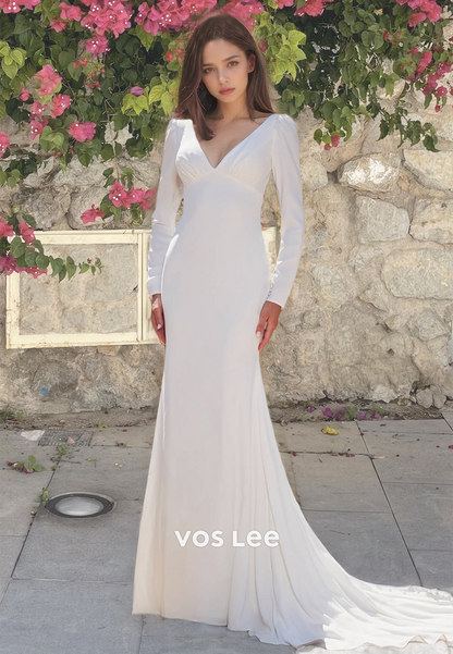 Elegant V Neck Long Train Bridesmaid Dress Full Sleeves Backless Formal Wedding Dresses