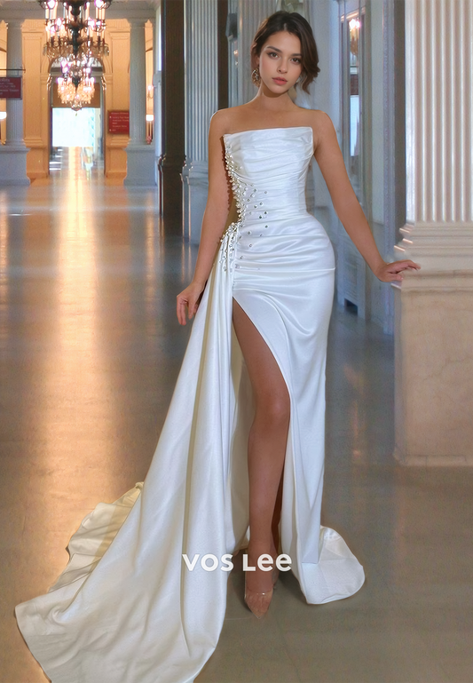 Elegant Satin Strapless Floor Length Prom Dress Pearls Pleated Party Dresses with High Split