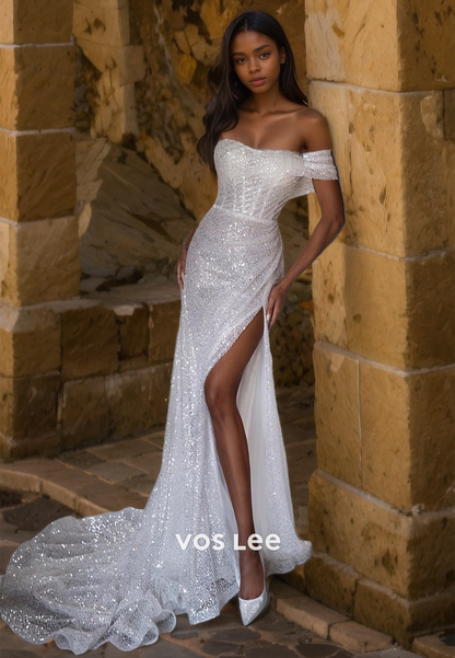 Luxury Sheath Off Shoulder Back Zipper High Split Sequins Sweep Train Wedding Dress Glitter