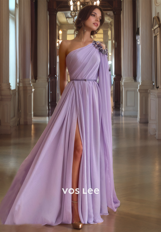 A-Line One Shoulder Pleated Purple Tulle Prom Dress