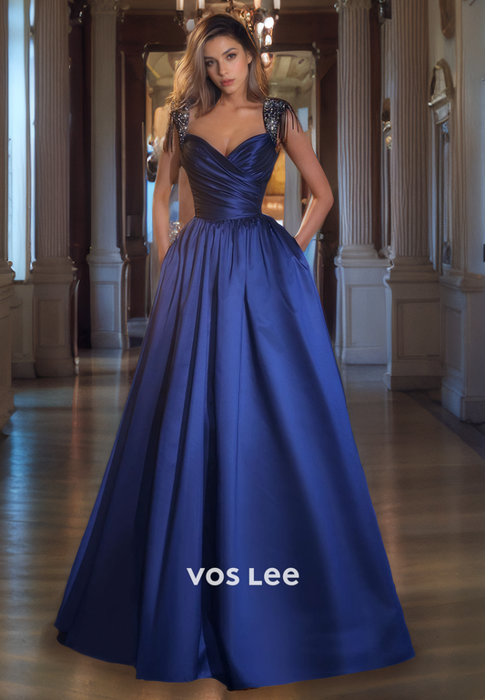 Classy Royal Blue Satin Ruched Prom Dress A-Line Sweetheart Floor Length Evening Party Dress