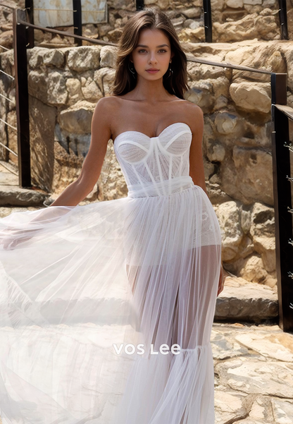 Unique Sweetheart A-Line Strapless Tulle Illusion Pleated Wedding Bride Dress