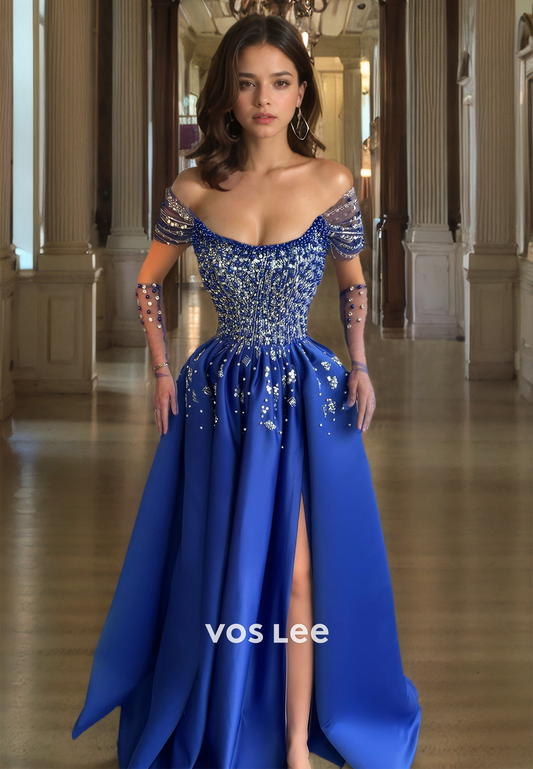 A-Line Off-Shoulder Ruched Embellished Sparkly Prom Party Dress