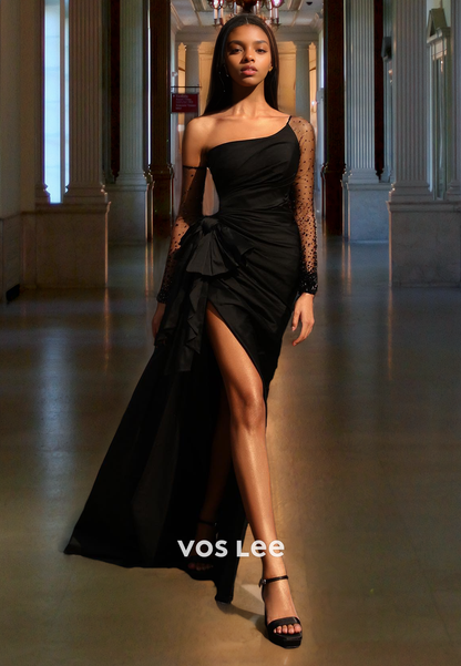 Gorgeous Full Sleeves Black Prom Dresses Side Slit Satin Night Party Gown Floor Length