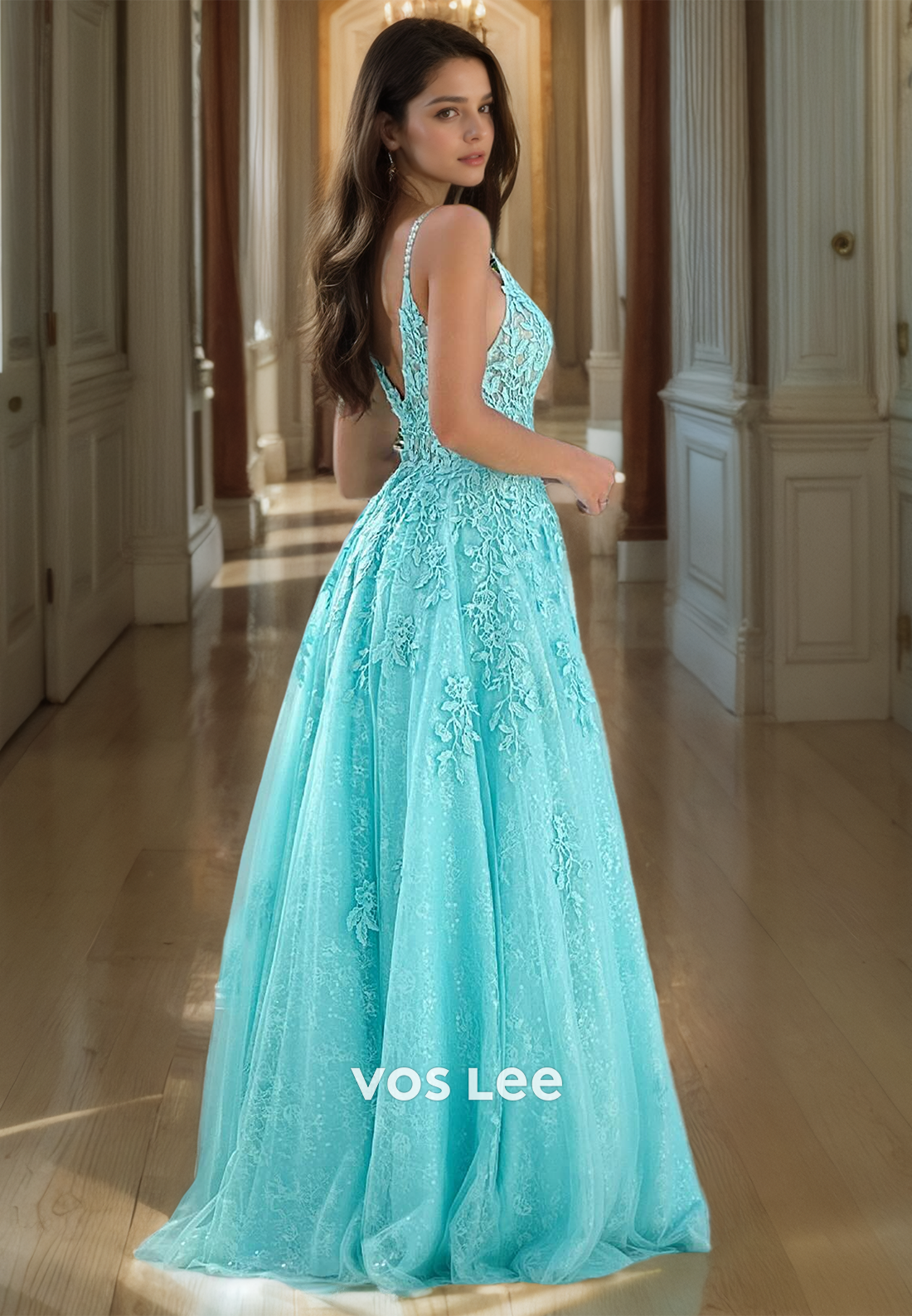 Sky Blue A-Line Lace Formal Quinceanera Dress V Neck Straps Zipper Back Prom Dresses