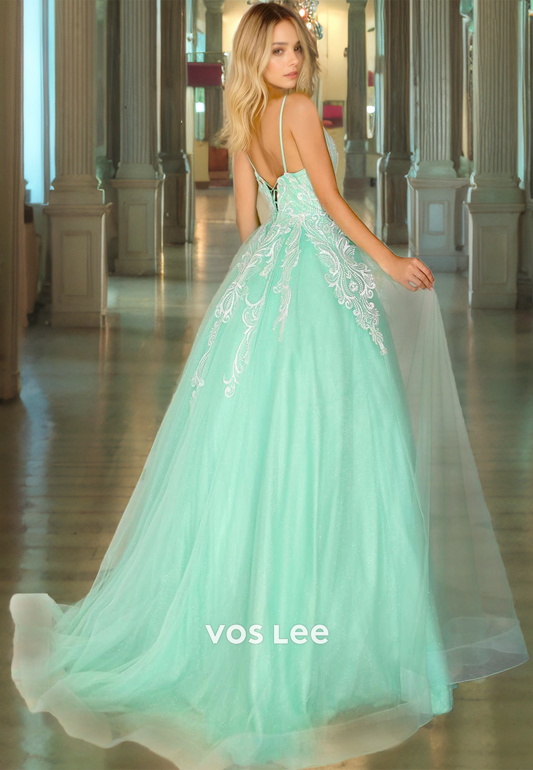 Elegant Lace Tulle Floor Length Prom Gown Corset Back V-Neck Mint Green A-Line Quinceanera Dress