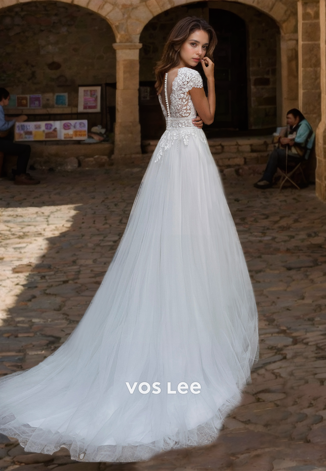 A-Line Lace V Neck Wedding Dress with Short Sleeves Buttons Tulle Long Bridal Princess Dress