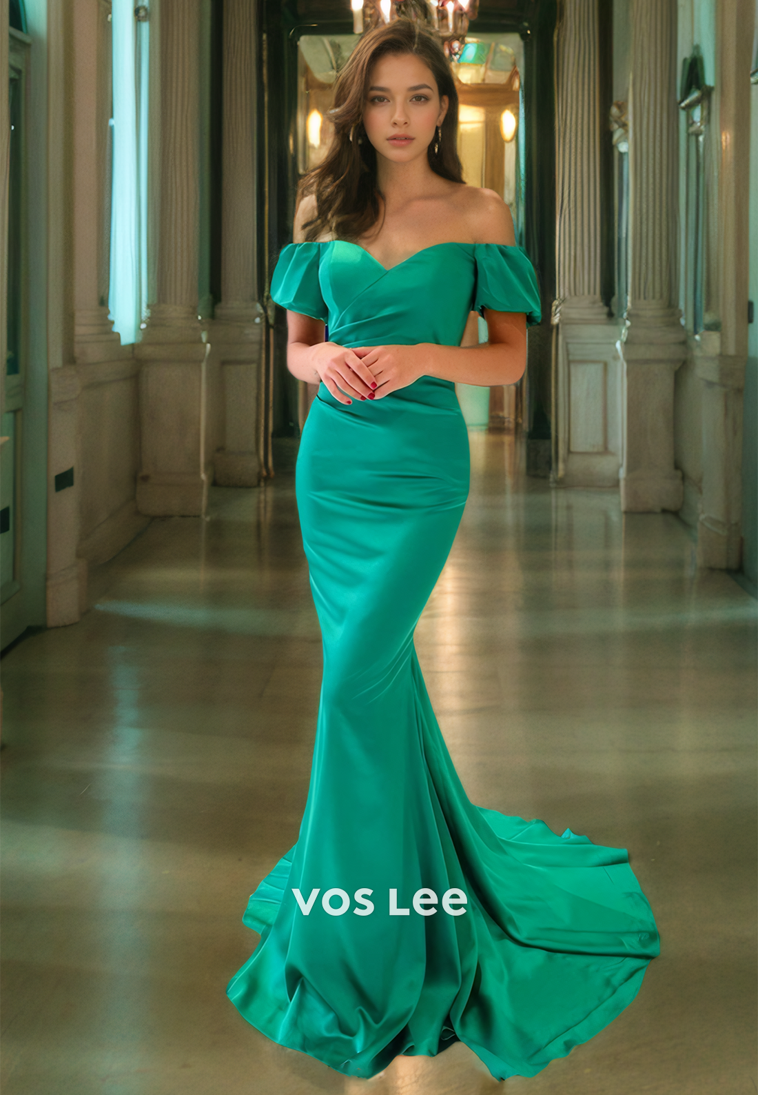 Trumpt/Mermaid Off Shoulder Court Train Sleek Green Satin Prom Dress