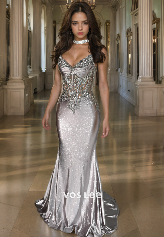 Classy Sparkle Spaghetti Straps Sequin Tulle Formal Evening Dress Trumpet/Mermaid V-Neck Satin Prom Dress