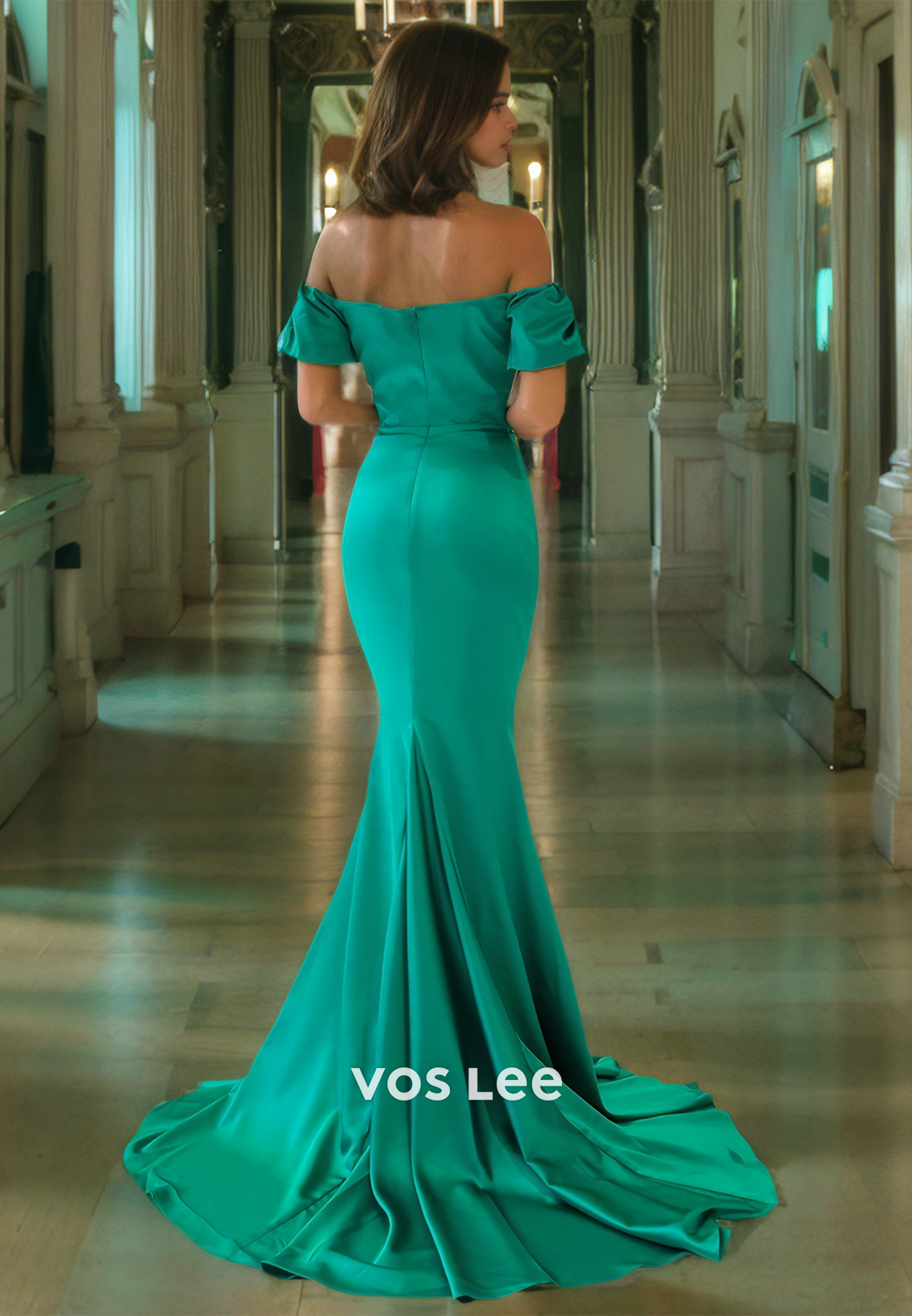 Trumpt/Mermaid Off Shoulder Court Train Sleek Green Satin Prom Dress