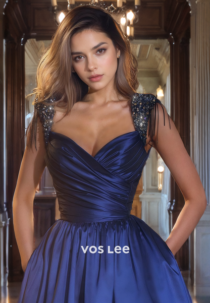 Classy Royal Blue Satin Ruched Prom Dress A-Line Sweetheart Floor Length Evening Party Dress