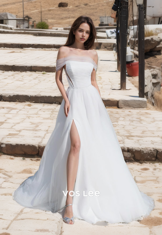 A-Line Sleeveless Tulle Side Slit Wedding Gown Off-Shoulder Zipper Back Bridal Princess Dress