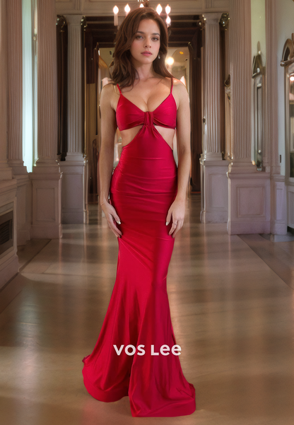 Elegant Red Spaghetti Straps Quinceanera Dress Formal Satin Mermaid Prom Dress