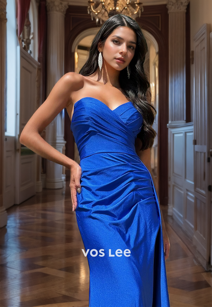 Royal Blue Sweetheart Pleated Prom Dress Strapless Satin Mermaid Party Dresses with High Slit