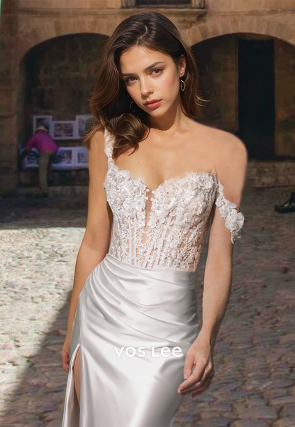 Royal Off-Shoulder Appliqued Sweetheart Boho Wedding Dress Column Satin Bridal Dress with High Slit