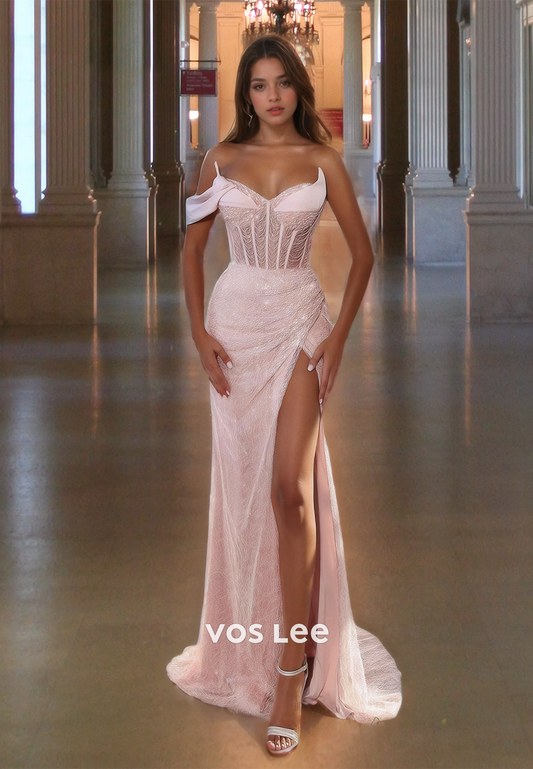Baby Pink Mermaid Luxury Prom Dress with High Slit Off-Shoulder Formal Pageant Gowns