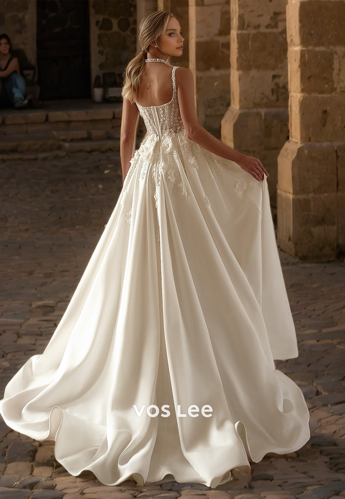 Elegant A-Line Spaghetti Straps V Neck Floral Embossed Beaded Satin Wedding Gown with Split