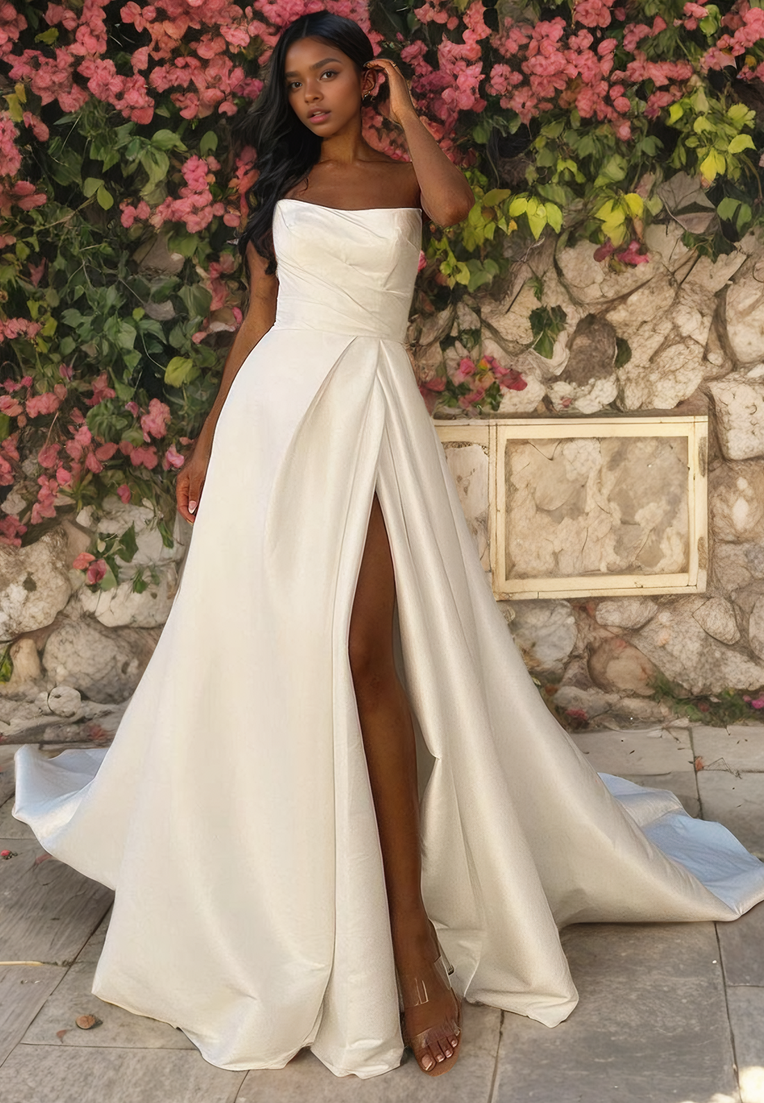 Minimalist High Slit A-Line Chapel Train Satin Strapless Sleevesless Wedding Dress