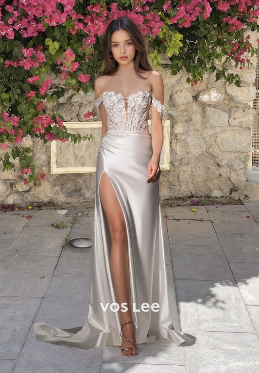 Royal Off-Shoulder Appliqued Sweetheart Boho Wedding Dress Column Satin Bridal Dress with High Slit